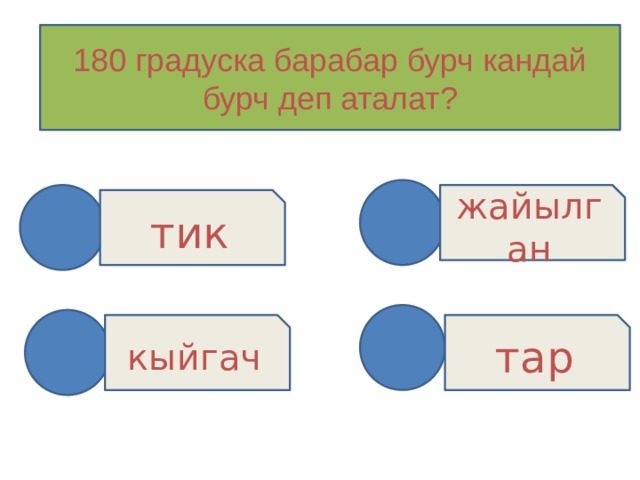 180 градуска барабар бурч кандай бурч деп аталат? жайылган тик тар кыйгач 