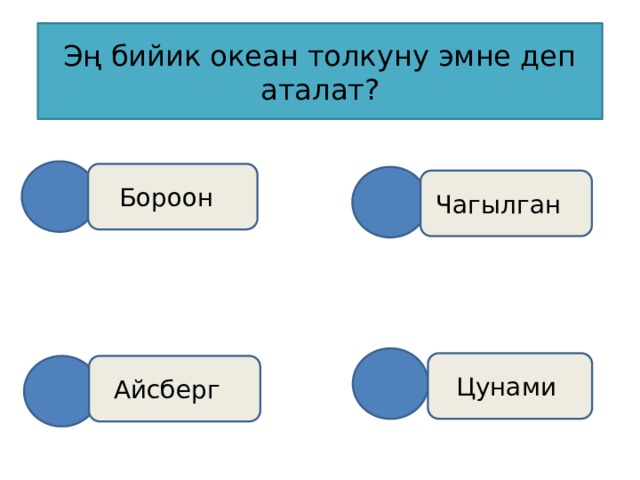 Эң бийик океан толкуну эмне деп аталат? Бороон  Чагылган Цунами Айсберг 