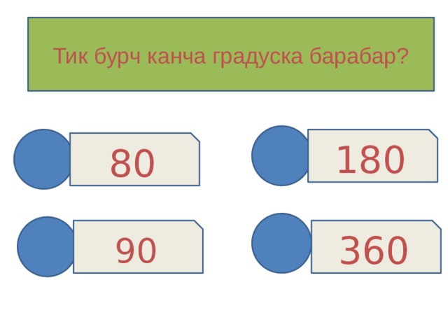 Тик бурч канча градуска барабар? 180 80 360 90 