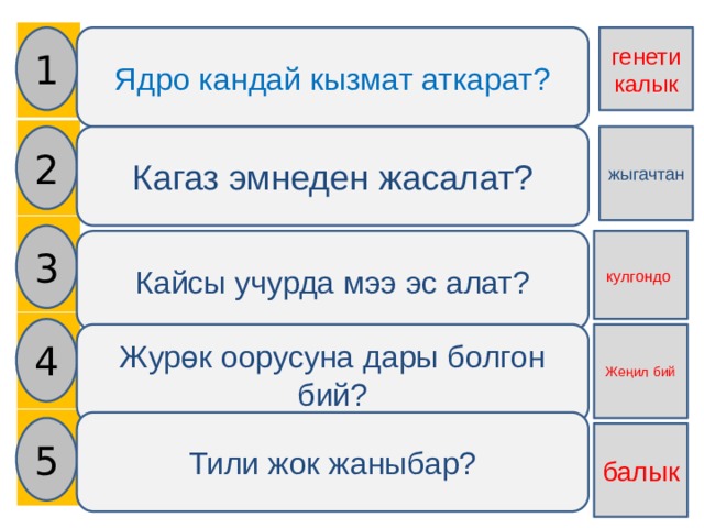    1 генетикалык Ядро кандай кызмат аткарат? 2 Кагаз эмнеден жасалат? жыгачтан 3 Кайсы учурда мээ эс алат? кулгондо 4 Журөк оорусуна дары болгон бий? Жеңил бий Тили жок жаныбар? 5 балык 