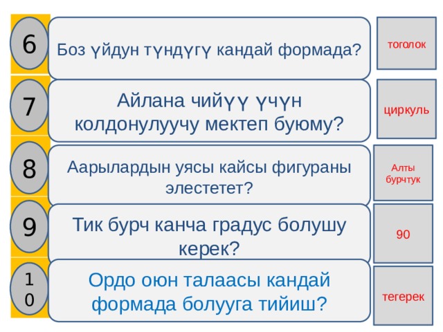    6 тоголок Боз үйдун түндүгү кандай формада? 7 Айлана чийүү үчүн колдонулуучу мектеп буюму? циркуль 8 Аарылардын уясы кайсы фигураны элестетет? Алты бурчтук 9 Тик бурч канча градус болушу керек? 90 Ордо оюн талаасы кандай формада болууга тийиш? 10 тегерек 