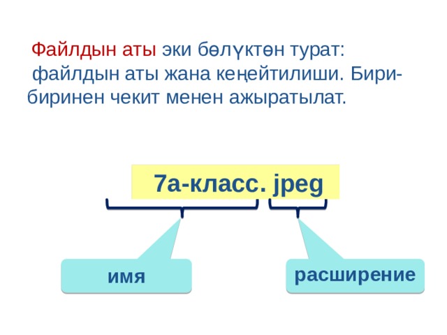    Файлдын аты эки бөлүктөн турат:  файлдын аты жана кеңейтилиши. Бири-биринен чекит менен ажыратылат.    7а-класс. jpeg имя расширение 