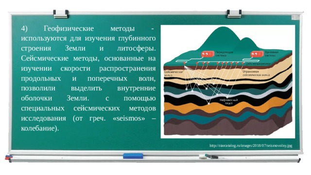 4) Геофизические методы -  используются для изучения глубинного строения Земли и литосферы. Сейсмические методы, основанные на изучении скорости распространения продольных и поперечных волн, позволили выделить внутренние оболочки Земли.  с помощью специальных сейсмических методов исследования (от греч. «seismos» – колебание). Так изучают геофизики нашу Землю. Этот метод основан на изучении скорости распространения в Земле колебаний, возникающих при землетрясениях, извержениях вулканов или взрывах. С этой целью используют специальный прибор – сейсмограф. Уникальную информацию о недрах Земли ученые–сейсмологи получают из наблюдений за извержениями вулканов. http://starcatalog.ru/images/2018/07/seismovolny.jpg  