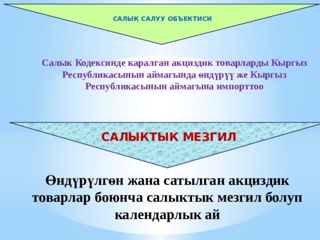    Салык салуу объектиси Салык Кодексинде каралган акциздик товарларды Кыргыз Республикасынын аймагында өндүрүү же Кыргыз Республикасынын аймагына импорттоо   Салыктык мезгил   Өндүрүлгөн жана сатылган акциздик товарлар боюнча салыктык мезгил болуп календарлык ай 