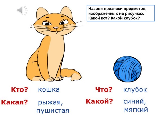 Назови признаки предметов, изображённых на рисунках. Какой кот? Какой клубок? 