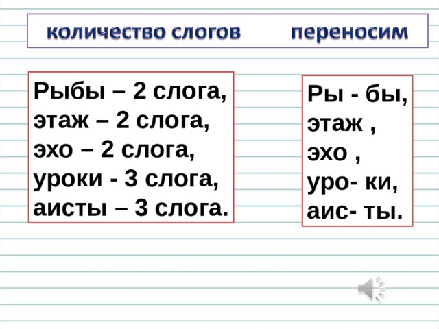 Рыбы – 2 слога, этаж – 2 слога, эхо – 2 слога, уроки - 3 слога, аисты – 3 слога. Ры - бы, этаж , эхо , уро- ки, аис- ты. 