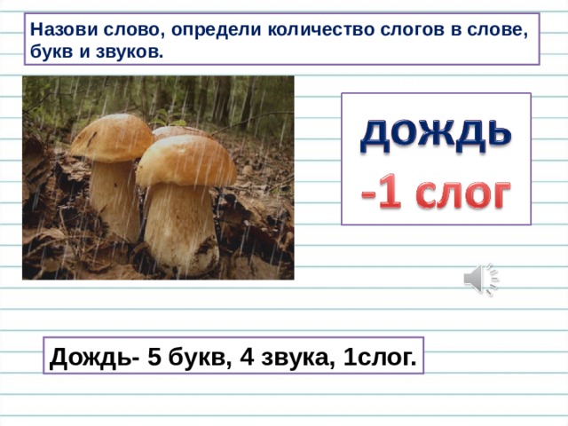 Назови слово, определи количество слогов в слове, букв и звуков. Дождь- 5 букв, 4 звука, 1слог. 