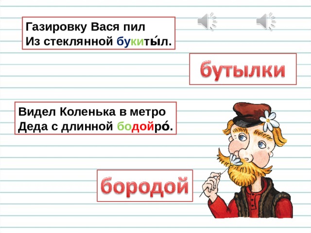 Газировку Вася пил  Из стеклянной бу ки ты́л. Видел Коленька в метро  Деда с длинной бо дой ро́. 