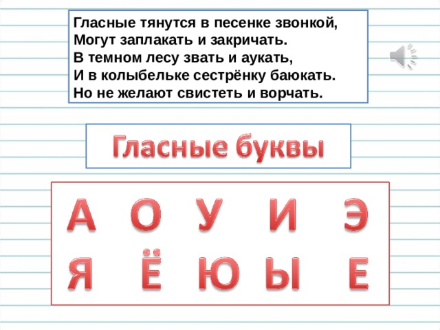 Гласные тянутся в песенке звонкой, Могут заплакать и закричать. В темном лесу звать и аукать, И в колыбельке сестрёнку баюкать. Но не желают свистеть и ворчать. 