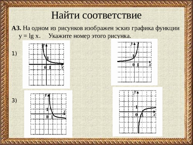 Найти соответствие А 3 .  На одном из рисунков изображен эскиз графика функции y = lg x . Укажите номер этого рисунка. 1) 2) 3) 4) 