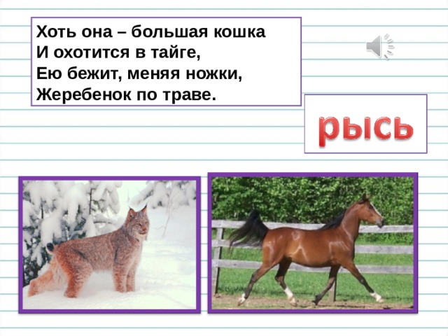 Хоть она – большая кошка  И охотится в тайге,  Ею бежит, меняя ножки,  Жеребенок по траве. 