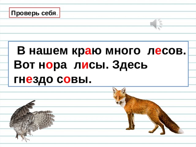 Проверь себя .  В нашем кр а ю много л е сов.  Вот н о ра л и сы. Здесь  гн е здо с о вы. 