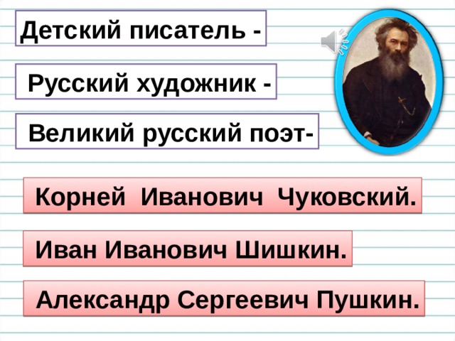 Детский писатель -  Русский художник -  Великий русский поэт-  Корней Иванович Чуковский.  Иван Иванович Шишкин.  Александр Сергеевич Пушкин. 