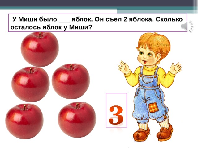  У Миши было ___ яблок. Он съел 2 яблока. Сколько осталось яблок у Миши? 