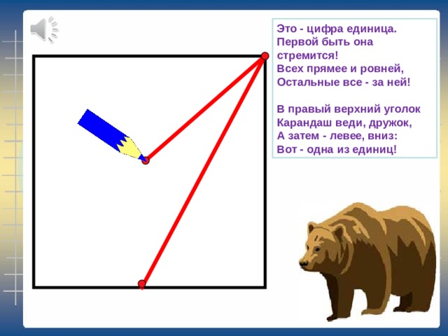 Это - цифра единица.  Первой быть она стремится!  Всех прямее и ровней,  Остальные все - за ней!   В правый верхний уголок  Карандаш веди, дружок,  А затем - левее, вниз:  Вот - одна из единиц! 