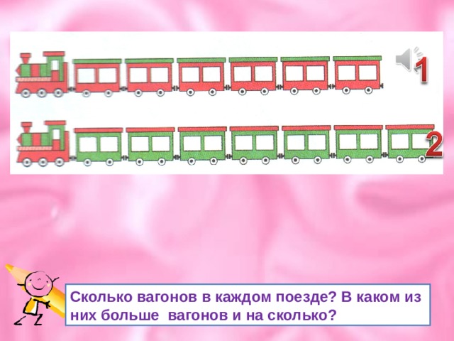 Сколько вагонов в каждом поезде? В каком из них больше вагонов и на сколько? 