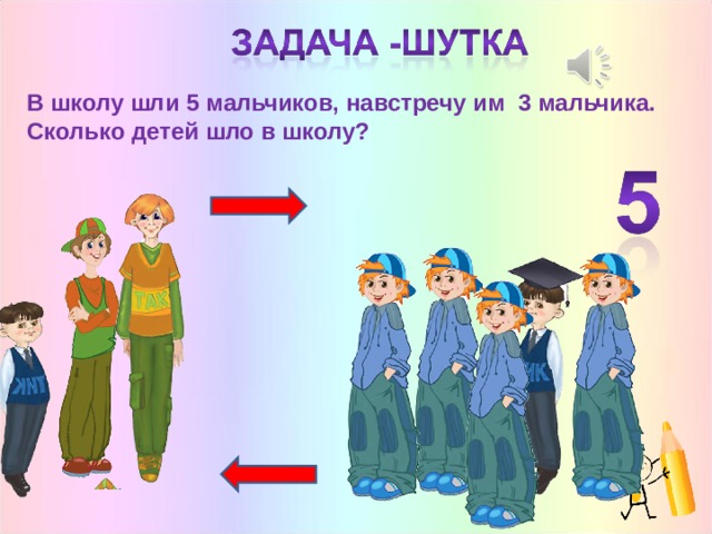 В школу шли 5 мальчиков, навстречу им 3 мальчика. Сколько детей шло в школу? 