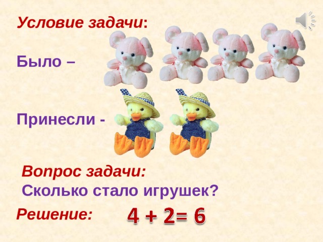 Условие задачи :  Было –   Принесли - Вопрос задачи: Сколько стало игрушек? Решение: 