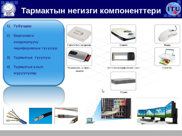 Тармактын негизги компоненттери Түйүндөр Биргеликте колдонулуучу перифериялык түзүлүш Тармактык түзүлүш Тармактык алып жүрүүчүлөр 