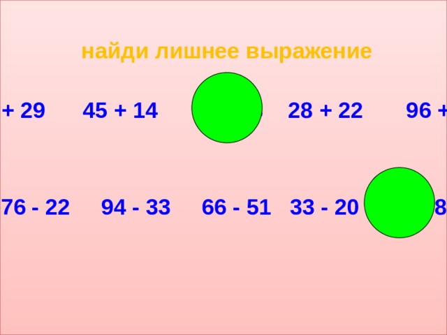 найди лишнее выражение 25 + 29 45 + 14 32 + 8 28 + 22 96 + 22 76 - 22 94 - 33 66 - 51 33 - 20 40 - 8 