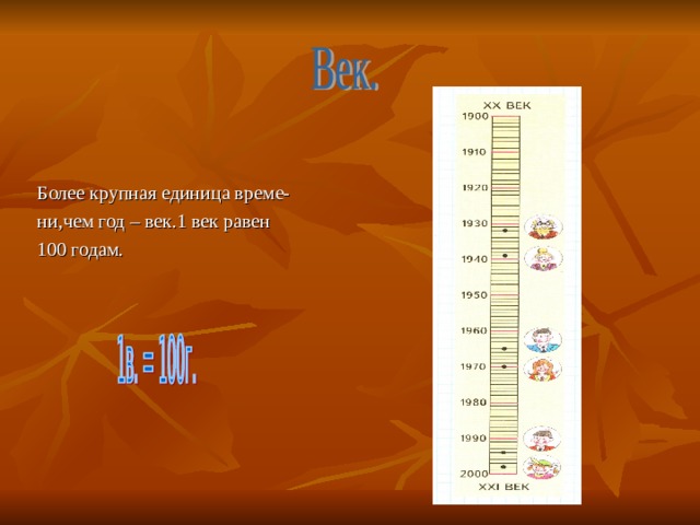 Более крупная единица време- ни,чем год – век.1 век равен 100 годам. 