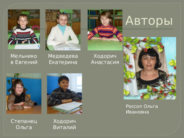Авторы Мельников Евгений Медведева Екатерина Ходорич Анастасия Россол Ольга Ивановна Степанец Ольга Ходорич Виталий 