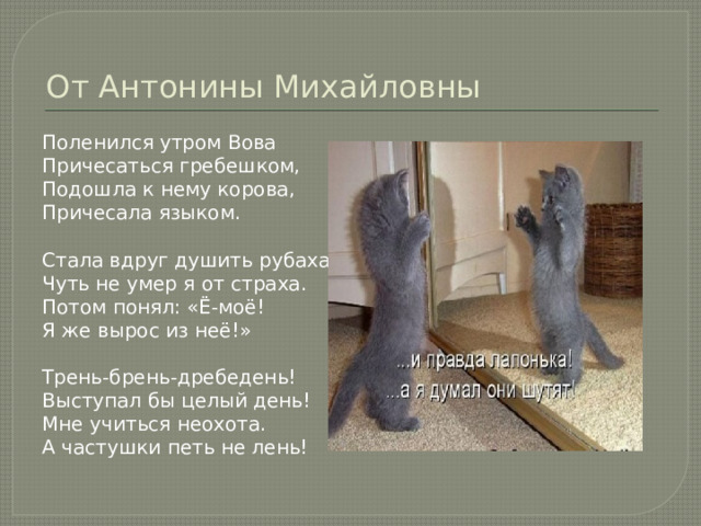 От Антонины Михайловны Поленился утром Вова Причесаться гребешком, Подошла к нему корова, Причесала языком. Стала вдруг душить рубаха. Чуть не умер я от страха. Потом понял: «Ё-моё! Я же вырос из неё!» Трень-брень-дребедень! Выступал бы целый день! Мне учиться неохота. А частушки петь не лень! 
