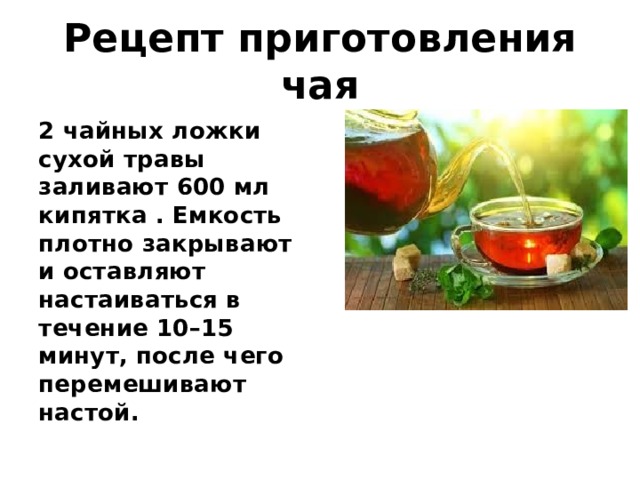 Рецепт приготовления чая 2 чайных ложки сухой травы заливают 600 мл кипятка . Емкость плотно закрывают и оставляют настаиваться в течение 10–15 минут, после чего перемешивают настой.  