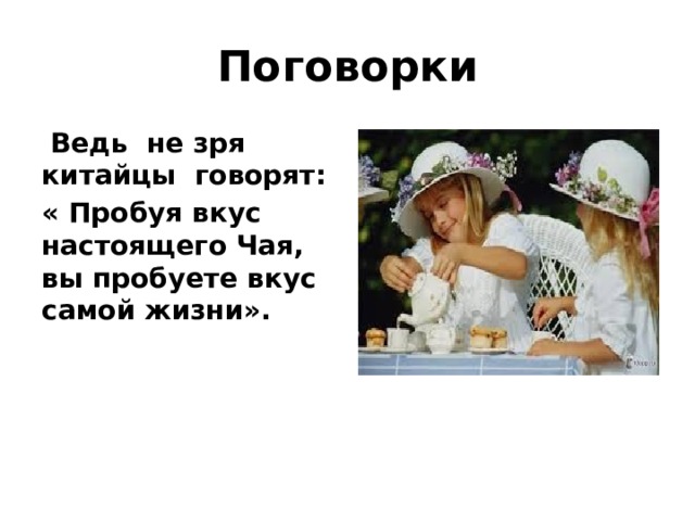 Поговорки  Ведь не зря китайцы говорят: « Пробуя вкус настоящего Чая, вы пробуете вкус самой жизни». 