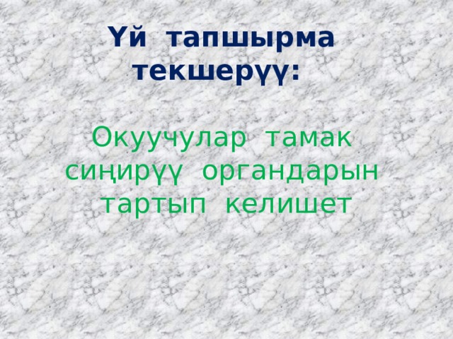 Үй тапшырма текшерүү:   Окуучулар тамак сиңирүү органдарын тартып келишет 