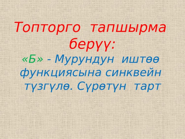 Топторго тапшырма берүү:  «Б»  - Мурундун иштөө функциясына синквейн түзгүлө. Сүрөтүн тарт 