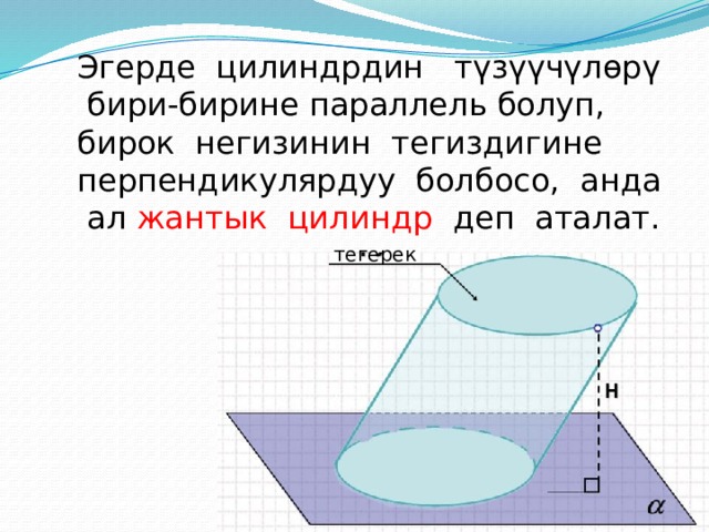 Эгерде цилиндрдин түзүүчүлөрү бири-бирине параллель болуп, бирок негизинин тегиздигине перпендикулярдуу болбосо, анда ал жантык цилиндр деп аталат. тегерек 