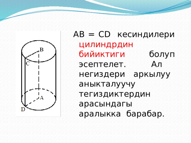 AB = CD кесиндилери цилиндрдин бийиктиги болуп эсептелет. Ал негиздери аркылуу аныкталуучу тегиздиктердин арасындагы аралыкка барабар. 