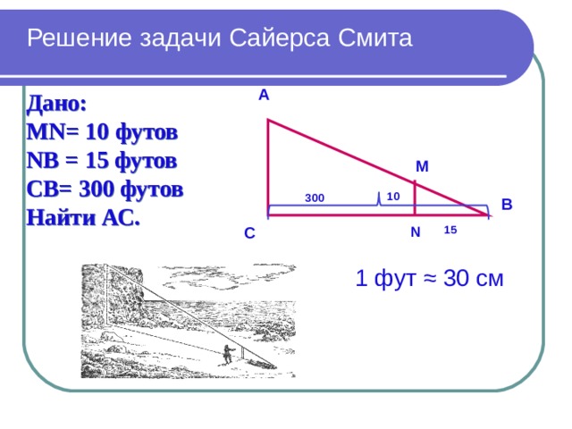 Решение задачи Сайерса Смита А Дано: М N = 10  футов N В = 15 футов С B = 3 00 футов Найти АС.  М 10 300 В С N 15 1 фут ≈ 30 см 