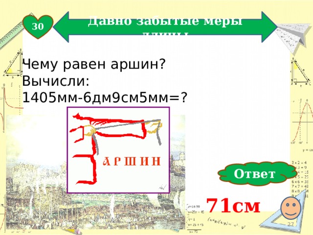 Давно забытые меры длины 30 Чему равен аршин? Вычисли: 1405мм-6дм9см5мм=? Ответ  71см  
