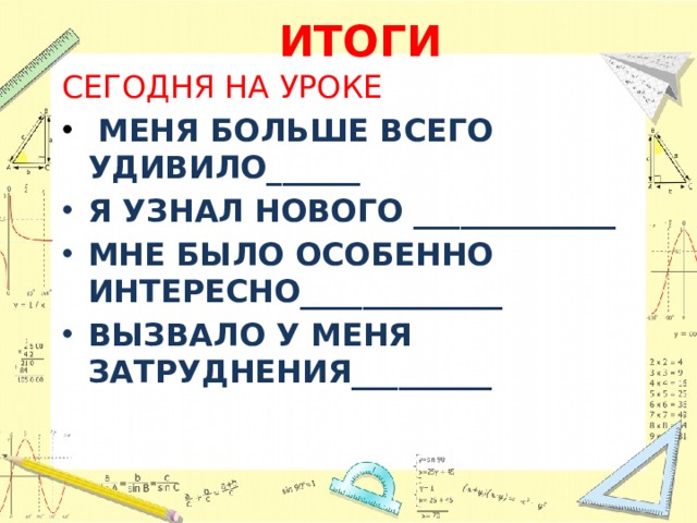 ИТОГИ СЕГОДНЯ НА УРОКЕ  МЕНЯ БОЛЬШЕ ВСЕГО УДИВИЛО______ Я УЗНАЛ НОВОГО _____________ МНЕ БЫЛО ОСОБЕННО ИНТЕРЕСНО_____________ ВЫЗВАЛО У МЕНЯ ЗАТРУДНЕНИЯ_________ 