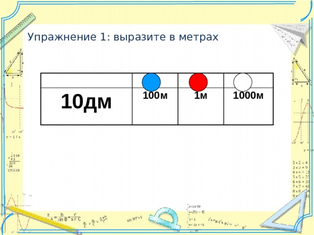 Упражнение 1: выразите в метрах 10дм 100м 1м 1000м 