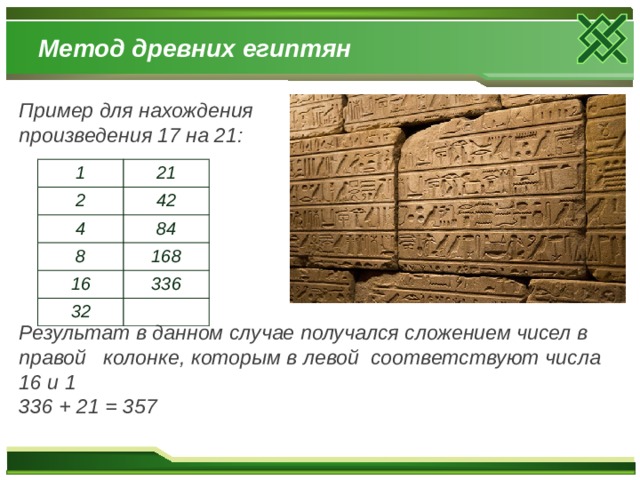  Метод древних египтян   Пример для нахождения произведения 17 на 21:        Результат в данном случае получался сложением чисел в правой колонке, которым в левой соответствуют числа 16 и 1 336 + 21 = 357    1 21 2 42 4 84 8 168 16 336 32 