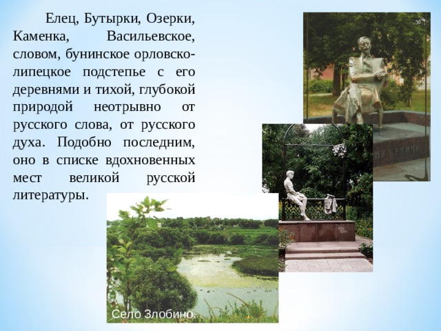  Елец, Бутырки, Озерки, Каменка, Васильевское, словом, бунинское орловско-липецкое подстепье с его деревнями и тихой, глубокой природой неотрывно от русского слова, от русского духа. По­добно последним, оно в списке вдохновенных мест великой русской литературы. Село Злобино. 