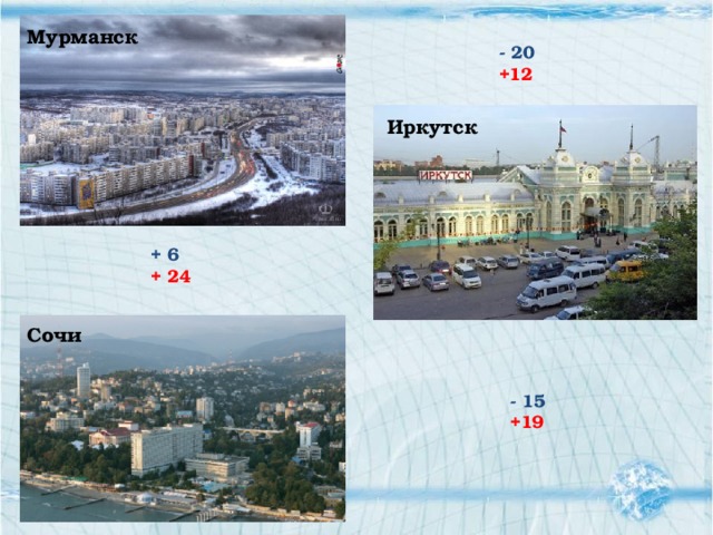 Мурманск - 20 +12 Иркутск + 6 + 24 Сочи - 15 +19 