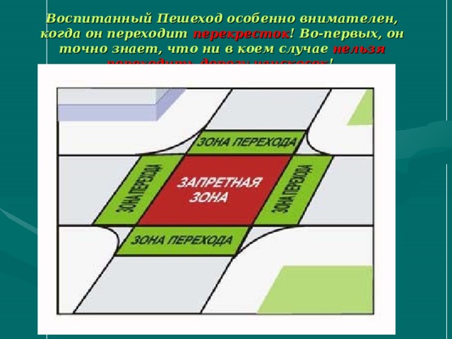Воспитанный Пешеход особенно внимателен, когда он переходит перекресток ! Во-первых, он точно знает, что ни в коем случае нельзя переходить дорогу наискосок ! 