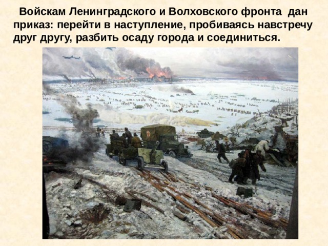  Войскам Ленинградского и Волховского фронта дан приказ: перейти в наступление, пробиваясь навстречу друг другу, разбить осаду города и соединиться. Войскам Ленинградского и Волховского фронта дан приказ: перейти в наступление, пробиваясь навстречу друг другу, разбить осаду города Ленина и соединиться. 