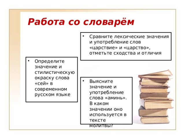 Работа со словарём Сравните лексические значения и употребление слов «царствие» и «царство», отметьте сходства и отличия Определите значение и стилистическую окраску слова «сей» в современном русском языке Выясните значение и употребление слова «аминь». В каком значении оно используется в тексте молитвы? 
