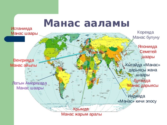  Манас ааламы Испанияда Манас шаары Кореяда Манас булуңу Японияда Семетей шаары Венгрияда  Манас айылы Кытайда «Манас» дарыясы жана шаары Бутанда Манас дарыясы Латын Америкада Манас шаары Индияда «Манас» кичи эпосу Крымда Манас жарым аралы 