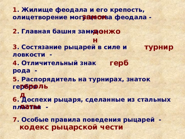 1 . Жилище феодала и его крепость, олицетворение могущества феодала - замок донжон 2 . Главная башня замка - турнир 3 . Состязание рыцарей в силе и ловкости - герб 4 . Отличительный знак рода - 5 . Распорядитель на турнирах, знаток гербов - герольд 6 . Доспехи рыцаря, сделанные из стальных пластин - латы 7 . Особые правила поведения рыцарей - кодекс рыцарской чести 