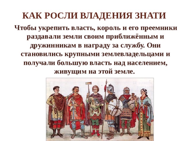 Как росли владения знати  Чтобы укрепить власть, король и его преемники раздавали земли своим приближённым и дружинникам в награду за службу. Они становились крупными землевладельцами и получали большую власть над населением, живущим на этой земле. 