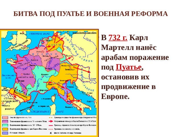 Битва под Пуатье и военная реформа В 732 г. Карл Мартелл нанёс арабам поражение под Пуатье , остановив их продвижение в Европе.  