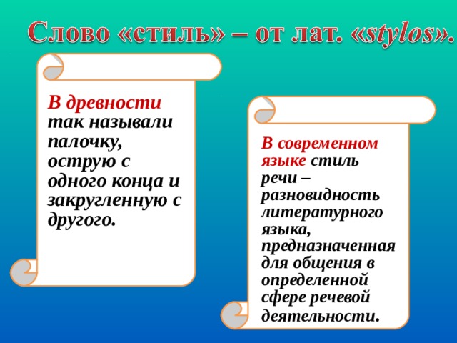 В древности так называли палочку, острую с одного конца и закругленную с другого.  В современном языке стиль речи – разновидность литературного языка, предназначенная для общения в определенной сфере речевой деятельности .  