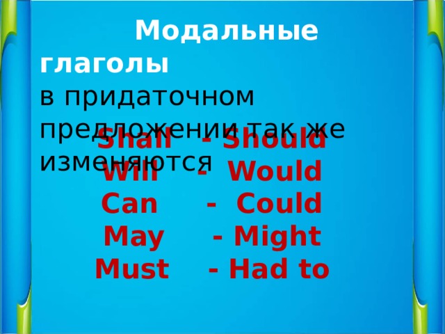 Модальные глаголы в придаточном предложении так же изменяются Shall - Should Will - Would Can - Could May - Might Must - Had to 