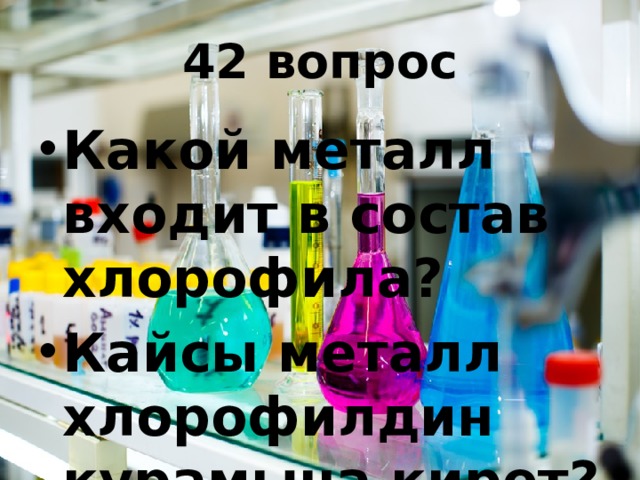 42 вопрос Какой металл входит в состав хлорофила? Кайсы металл хлорофилдин курамына кирет? 